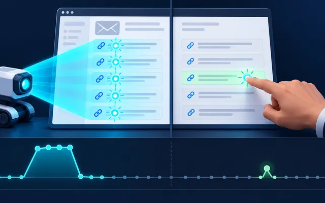 Een automatische scanner bezoekt meerdere links in een e-mail terwijl iemand één link aanklikt; de grafiek vergelijkt beide patronen