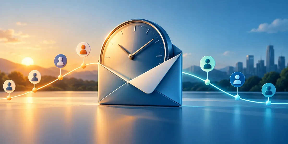 Reloj y sobre de correo junto a una línea temporal con distintos momentos de envío