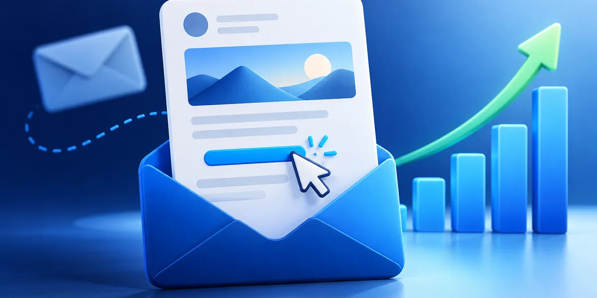 Illustratie van een link in een e-mail waarop wordt geklikt en een grafiek die interactie weergeeft